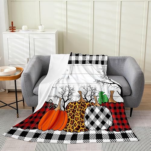 Erosebridal Manta de franela de vellón de otoño para sala de estar, dormitorio, manta de cosecha de Acción de Gracias, calabaza negra y blanca,