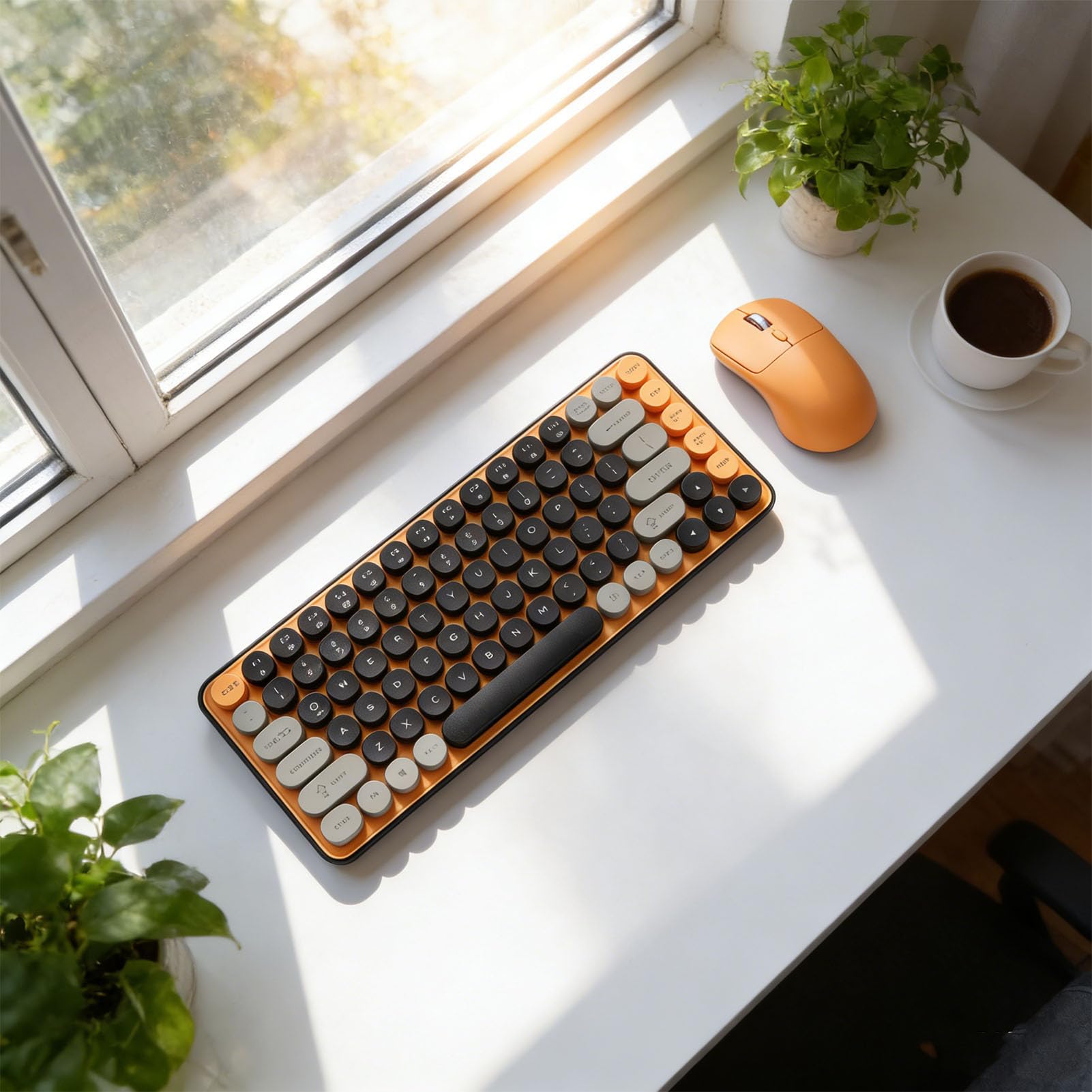 PUSOKEI Combinazione Tastiera e Mouse Wireless, Tastiera da Gioco Meccanica Stile Macchina da Scrivere a 85 Tasti con Copritasti Rotondi, 2,4 GHz e Bluetooth, Design Ergonomico per PC