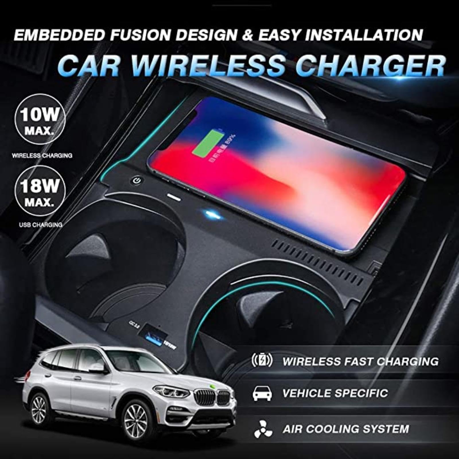 XLARSH Car Wireless Charger for b m X3 2018 2019 2020 2021 b m X4 2019 2020 2021 Center Console Accessory Panel,with 18W USB Port 10W QC3.0 Fast Charging Induction Phone Charger Pad