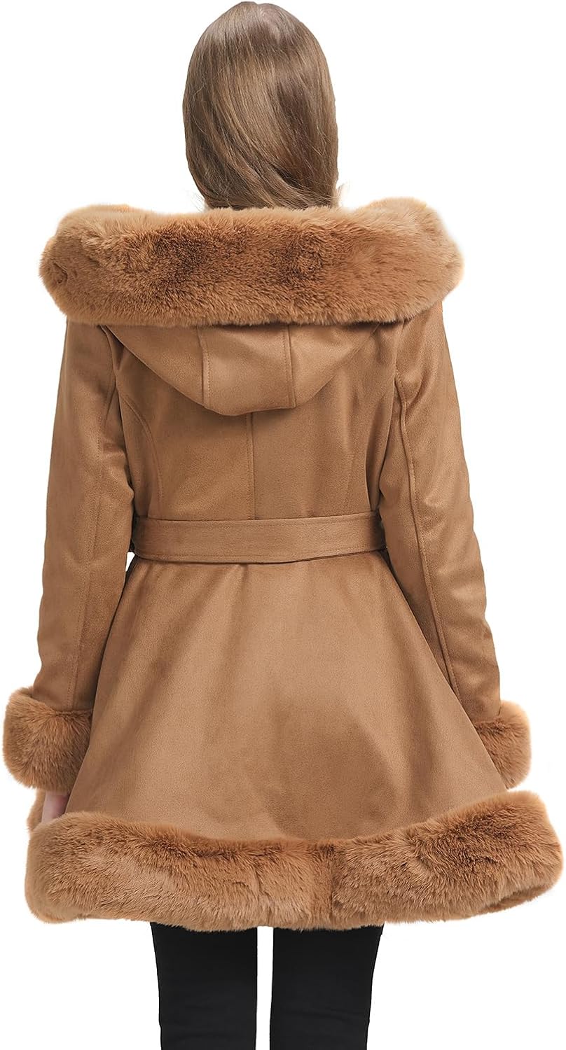 GRAN ORIENTE Suede Jacket for Women with Faux Fur Collar,Long Sleeve Warm Winter Parka Coat with Belt Outerwear - Image 6