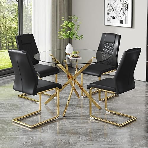 Miniatura 28 de Mesa redonda de comedor de vidrio para 2 a 4, moderna mesa superior de vidrio templado, patas cromadas resistentes, almohadillas ajustables, mesa de