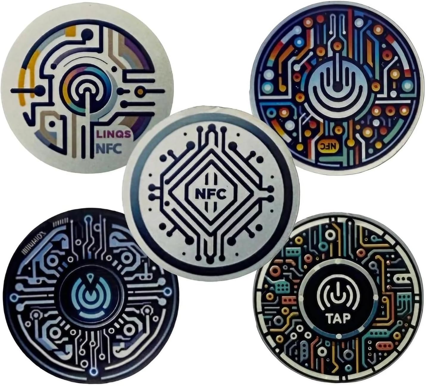 LINQSยฎ | NerdiTags Rewritable RFID/NFC Tag Stickers (Set of 5) | NXP NTAG213 chip | 144 Bytes Memory | Compatible with All NFC Phones and Readers | Waterproof Epoxy 30mm