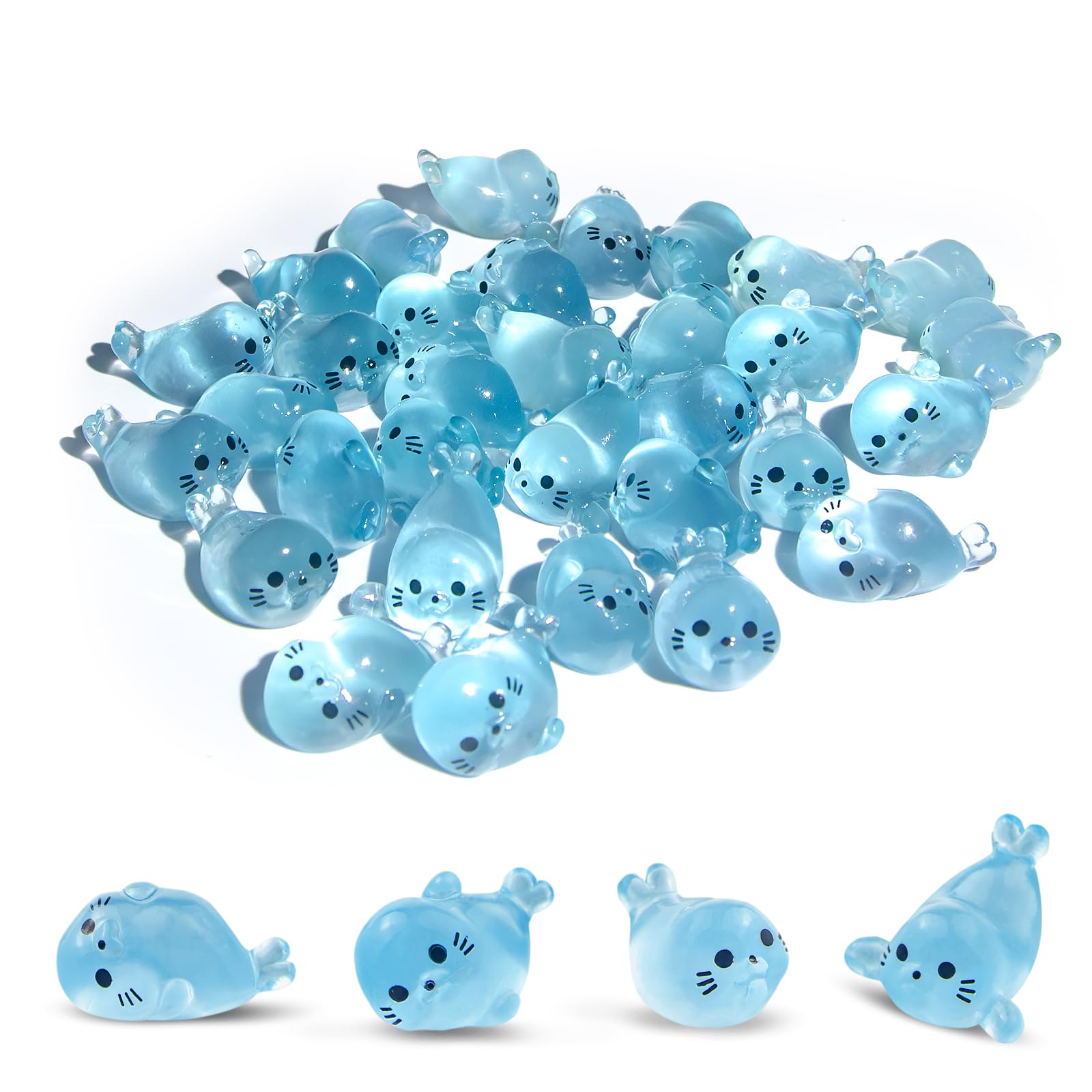 Norxuaze Blue 32Pcs Glow In Dark Mini Resin Seal Figurines - 4 Styles Luminous Sea Animals For Terrarium Decor, Fairy Garden, Aquarium, Small Resin Animals With Storage Box