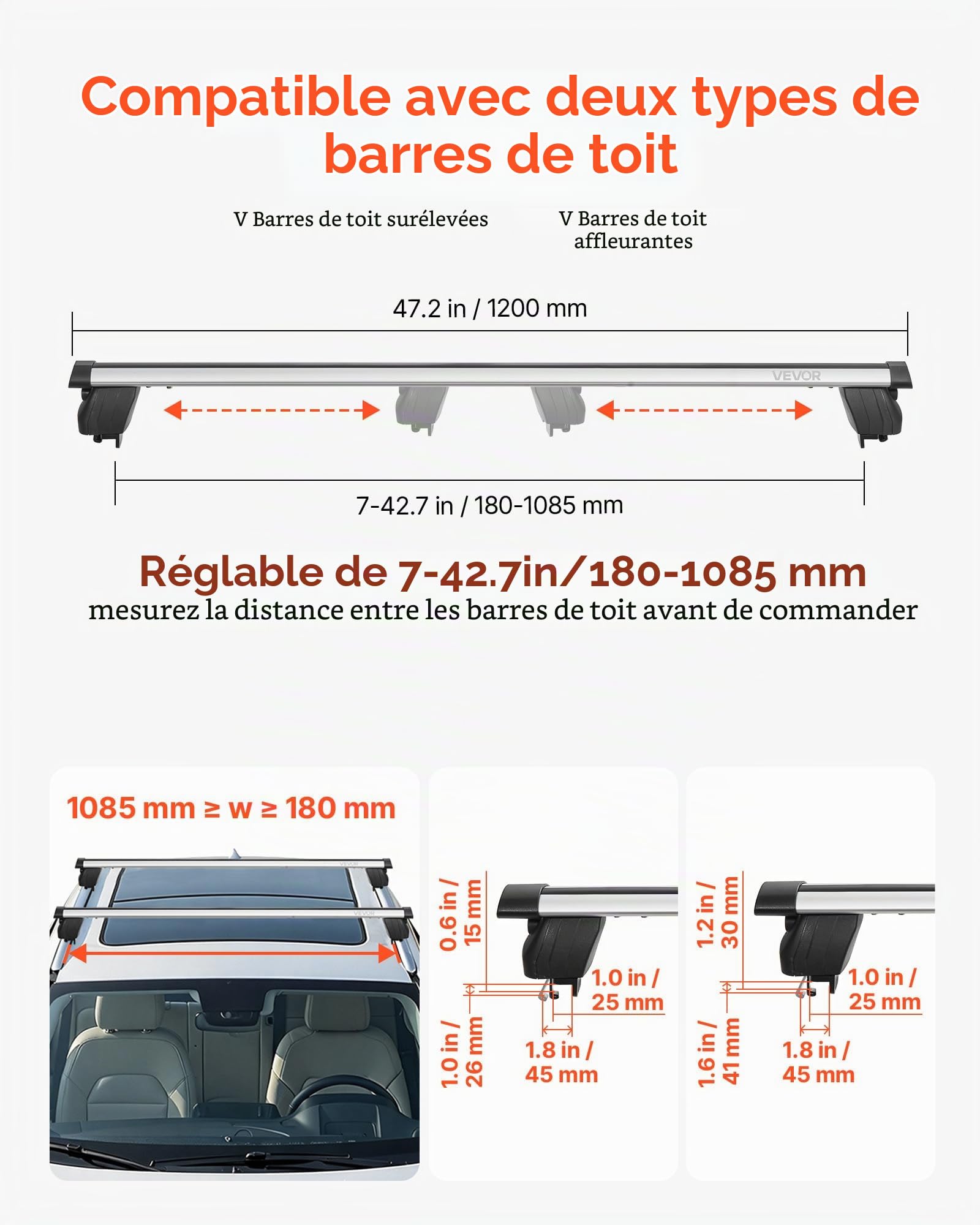 VEVOR Barres Transversales de Toit, Barre Porte Bagages Charge 90 kg 120 cm, pour Rails de Toit Surélevés et Intégrés avec Écartement 18-108,5 cm, en Aluminium, pour Panier Galerie Camping Voyage