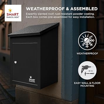 SMART PARCEL BOX Wall Mounted Parcel Box Outdoor, Medium Black Delivery Box, Secure, Durable Galvanised Steel Weatherproof, Lockable For Post, Multiple Letters & Large Package Drop