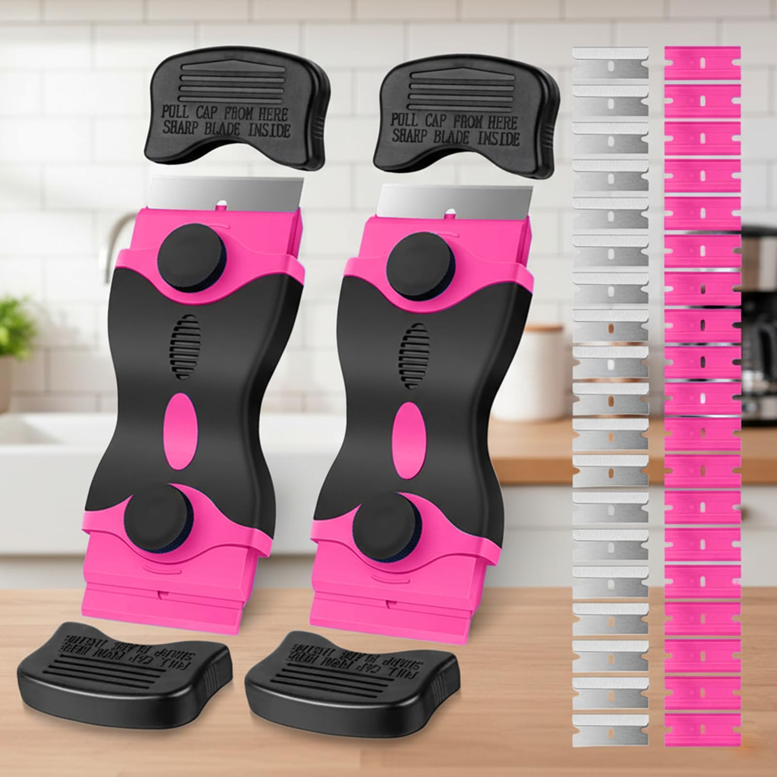 Razor Scraper Tool Set with Replacement Blades, 2 Pack Razor Scrapers and 40Pcs Extra Blades Hand Scraper for Glass Window Tile, Label Tape Residue Paint Caulk Edge Prep Pink