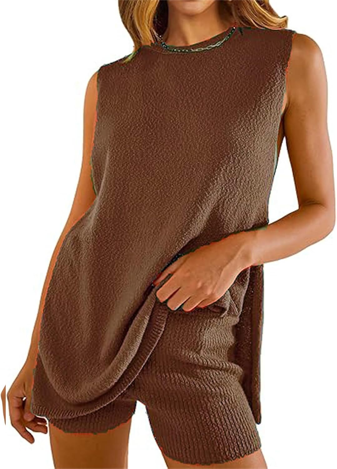 Womens Summer 2 Piece Outfits Sleeveless Knit Sweater Top & Shorts Matching Lounge Sets Travel Beach Vacation Outfits