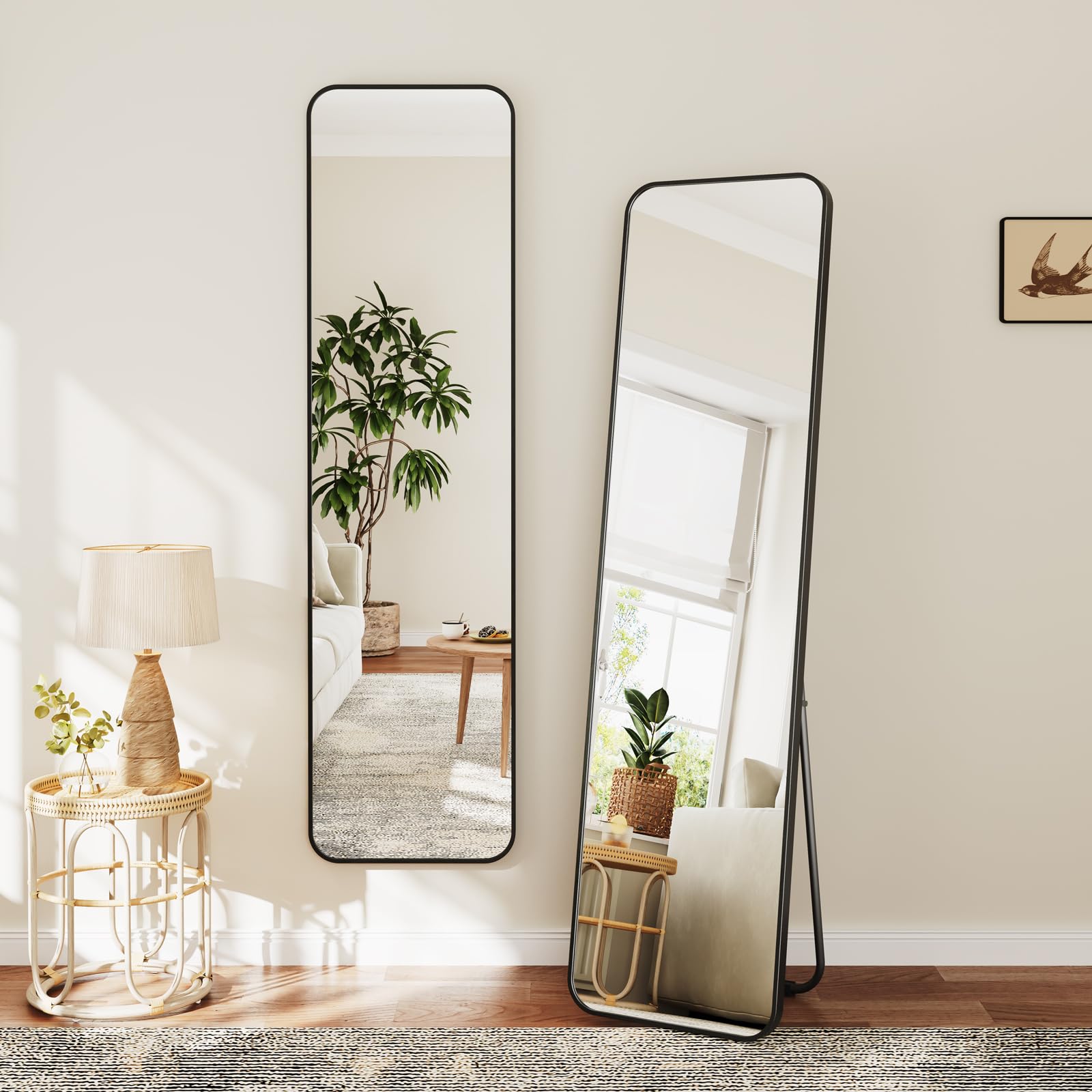 Dripex Rectangle Mirror Full Length, 150 x 40cm Full Body Mirror with Stand, Standing/Leaning/Hanging for Living Room Bedroom, Rounded Corners, Black