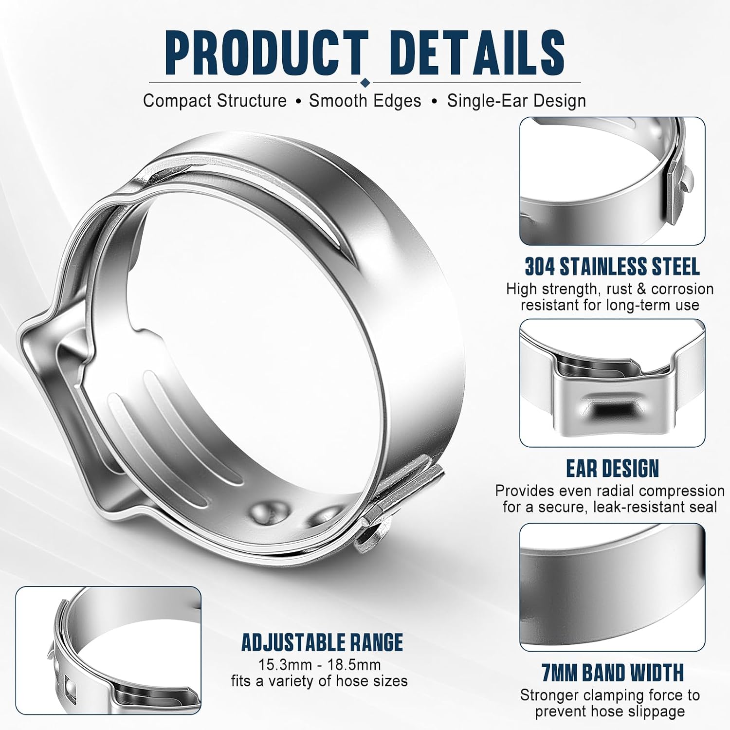 Qeeenar 200 Pack 7mm Band Width Single Ear Stepless Hose Clamps, 304 Stainless Steel Ear Clamps with 15.3mm-18.5mm Clamp for Automotive Fuel Air Pipe Fixing Garden Hose Connection Installation Kit