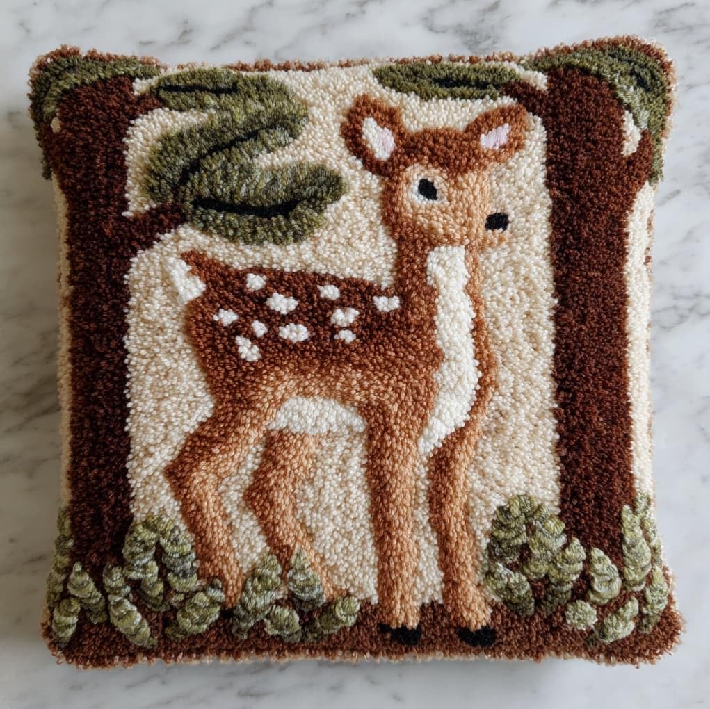 WallustrioaW Latch Hook Pillow Kits Pillow Cover,Deer in the Forest,Printed Canvas Knitted Hooking Pillowcase Cushion Crafts Crochet Home Decor Gift,17x17in