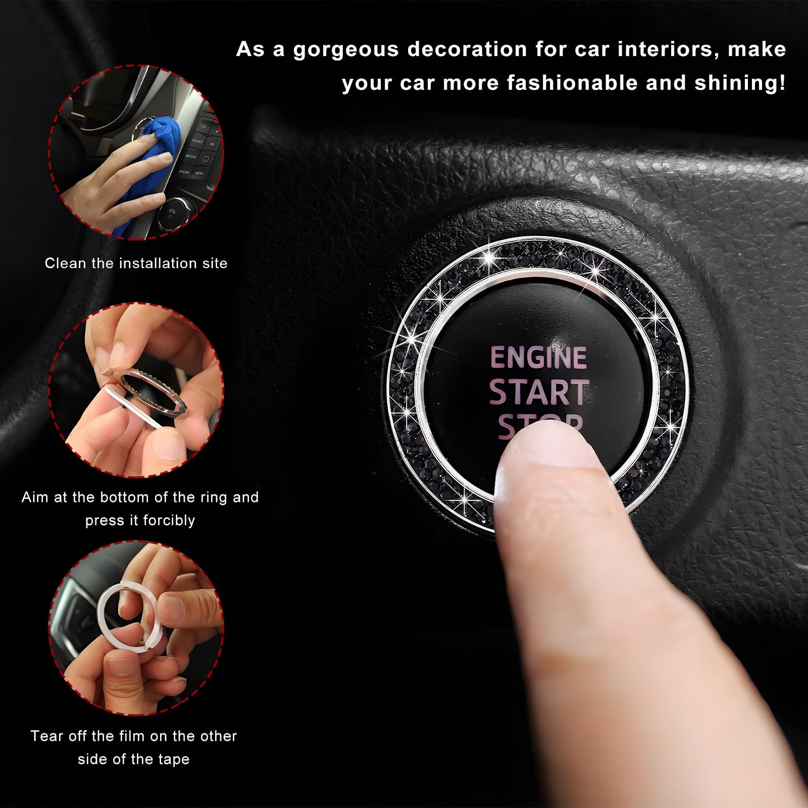 Car Bling Engine Start Ring Decals, Crystal Rhinestone Push Start Button Decorative Ring, Universal Sparkling Key Ignition Knob Cover for Women Girls, Car Accessories (Black) - 5
