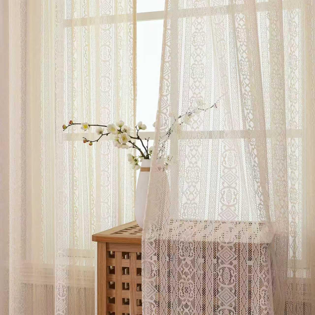 Tende boho beige, set da 2 pezzi, H183 x L132 cm, motivo geometrico traforato effetto macramè, tende semitrasparenti con tunnel per bastone 7,5 cm, stile vintage, soggiorno camera