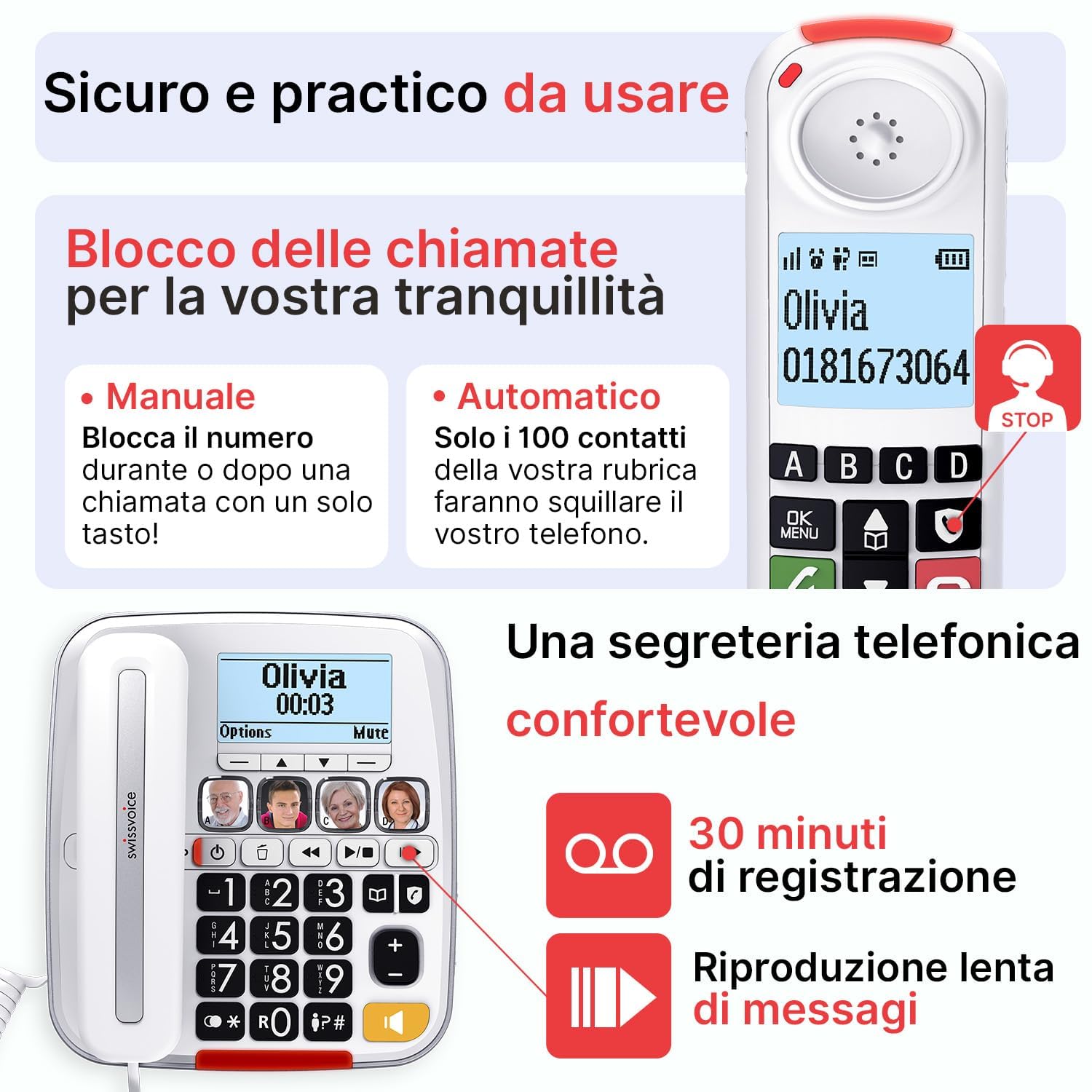 SWISSVOICE - Xtra 3355 Combo - DECT - Telefono con filo per anziani + telefono cordless - Tasti grandi - Segreteria - Audio Boost - Suonerie forti - Compatibile apparecchi acustici - Blocco chiamate