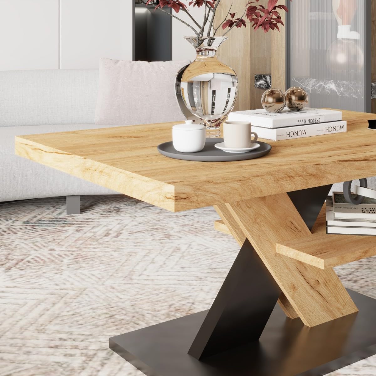 Viosimc Couchtisch, Moderner Wohnzimmertisch, Modern Möbel Wohnzimmer, Kaffeetisch, Sofatisch mit Großer Ablage, Beistelltisch für Tee und Kaffee – Coffee Table for Living Room - Eiche & Schwarz