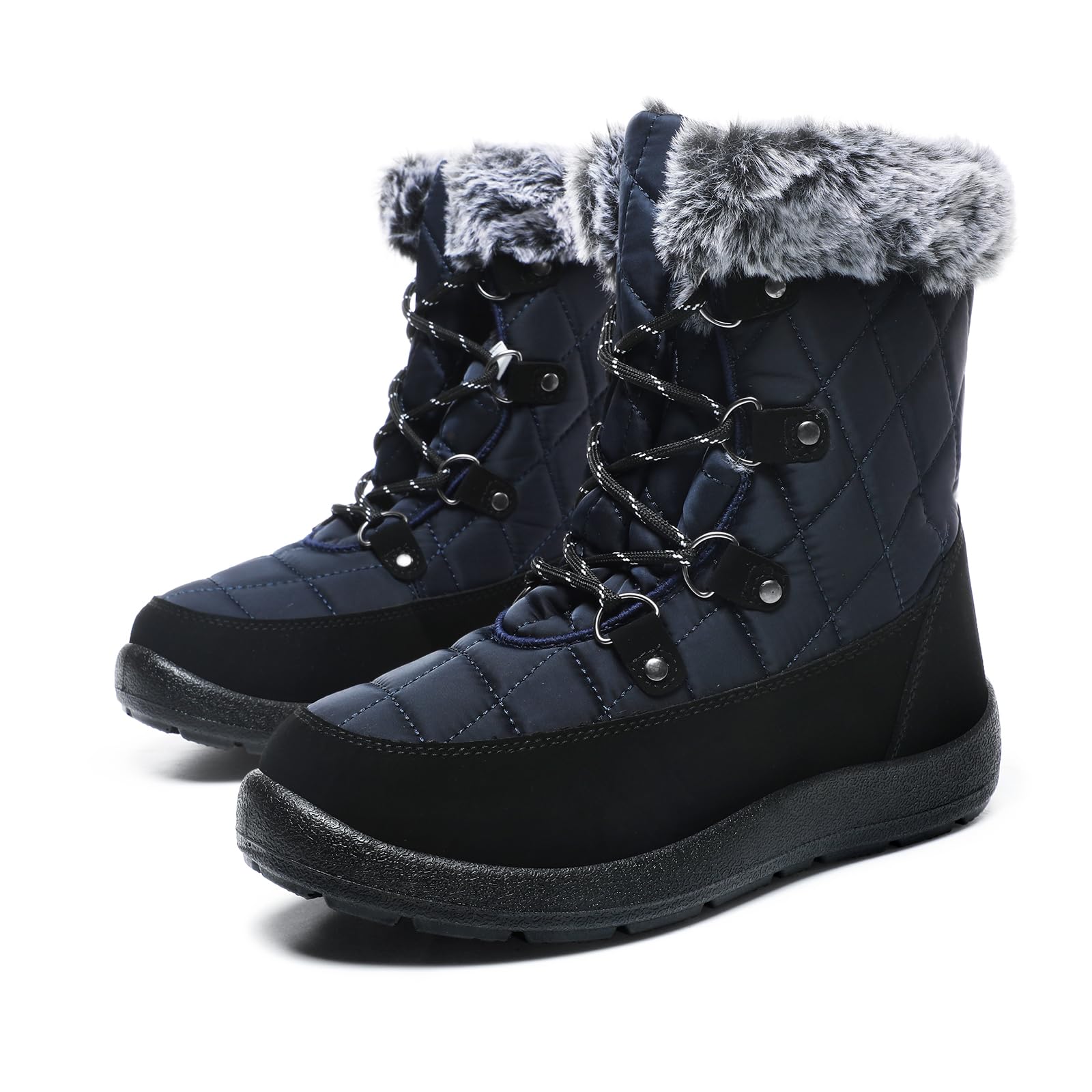 JSWEI Winter Boots for Women - Soft Comfortable Faux Fur Mid Calf Winter Snow Boots Totes Boots Lace up Snow Boots Winter Boots with Insulated Black