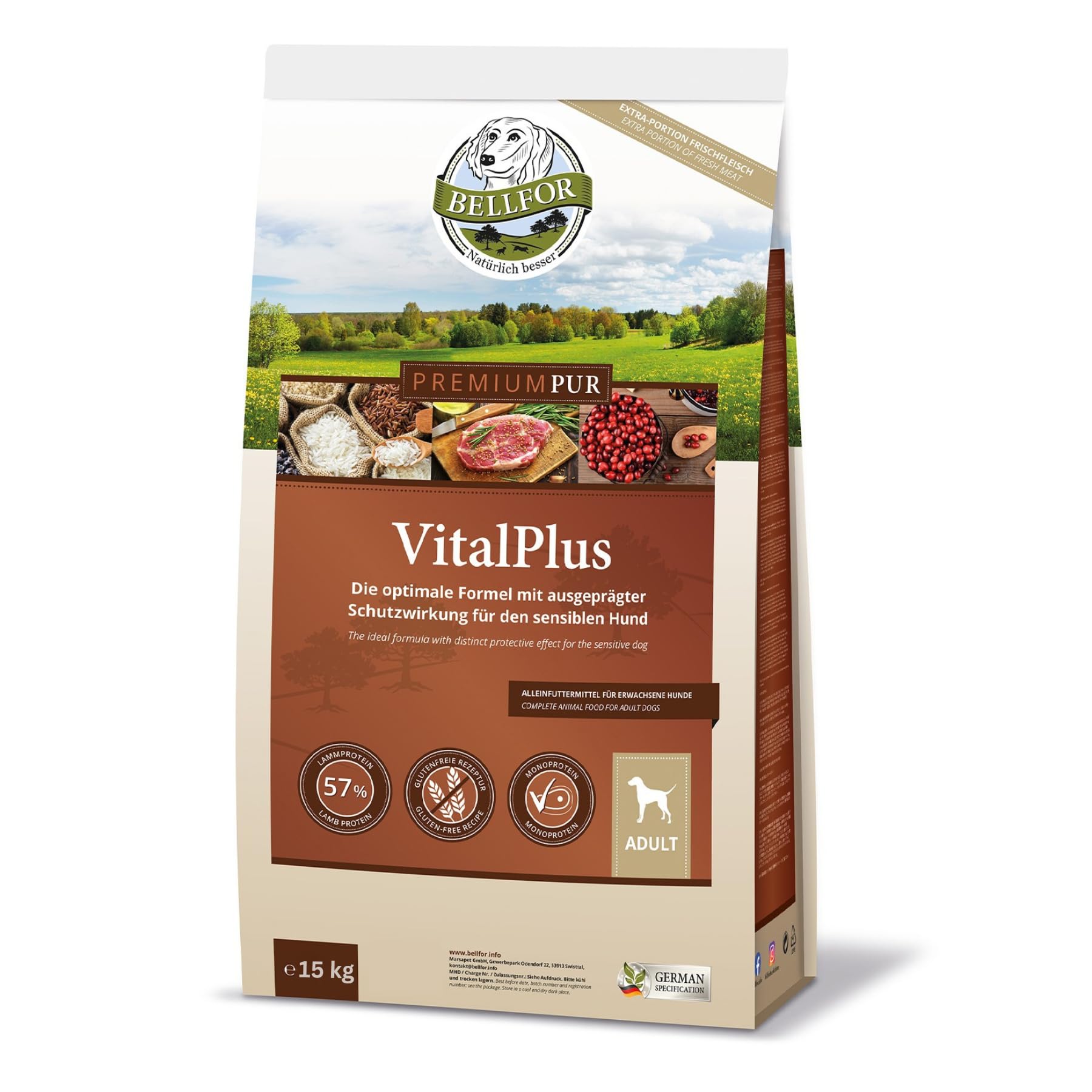 Bellfor Premium PUR VitalPlus bezglutenowa karma dla psów sucha dla normalnie aktywnych psów – 15 kg. Karma dla psów jest bogata w kwasy omega-3 i naturalne przeciwutleniacze, duże opakowanie