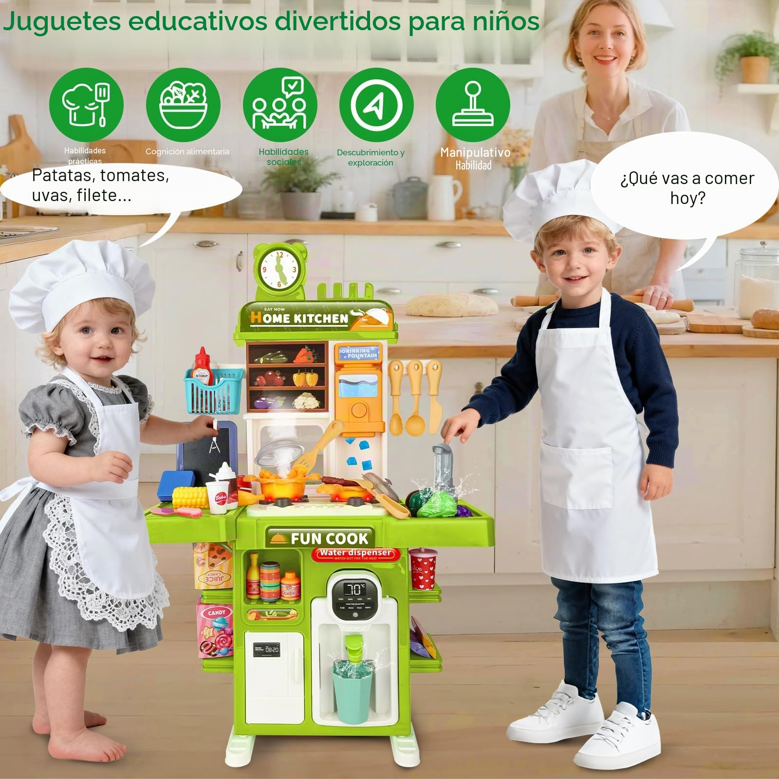 Cocina Juguete Niños Set de Cocina en Miniatura con Fregadero de Spray y Iluminación Realista, Juego de Cocina Simulada para Niñas y Niños de 3 4 5 Años, Regalo (Verde)