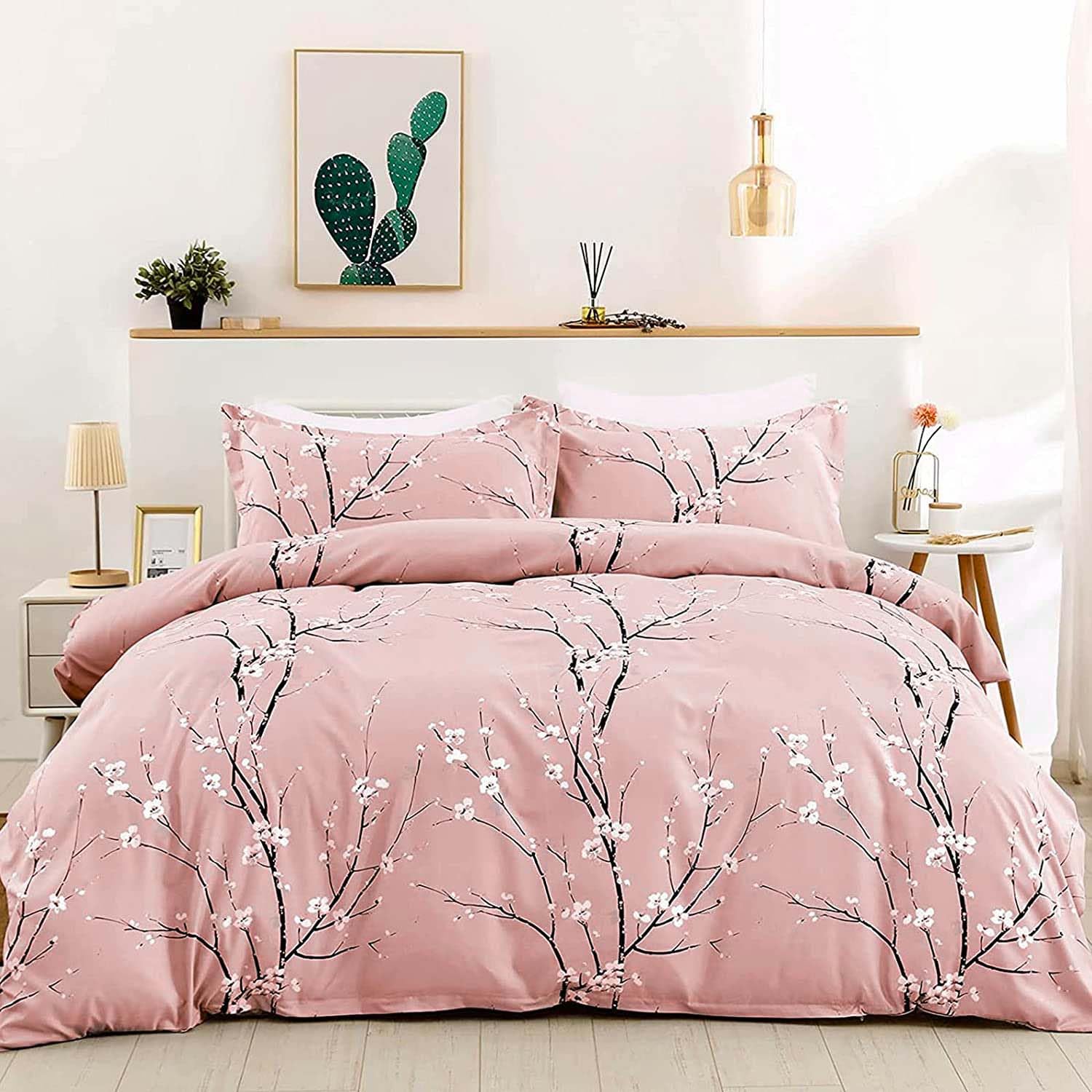 Parure de lit avec housse de couette fleurie rose et taie d'oreiller en microfibre 173x218 cm
