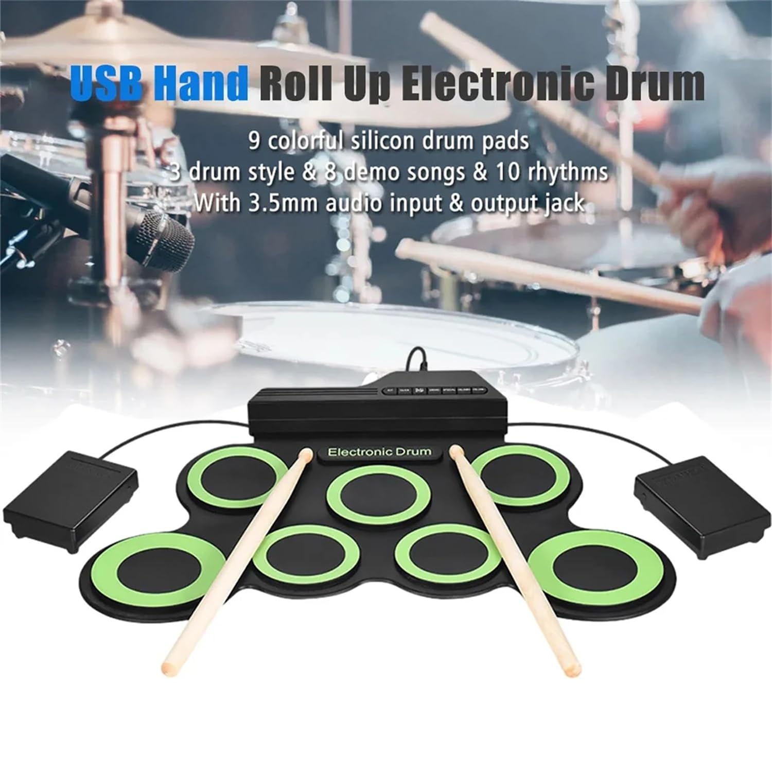 NEWFUN Batterie électronique, Batterie Electronique Adulte, Batterie Electrique Instrument, Batterie électronique Pliable Avec 7 Pads en Silicone, Baguettes et Pédale pour Débutants (green)
