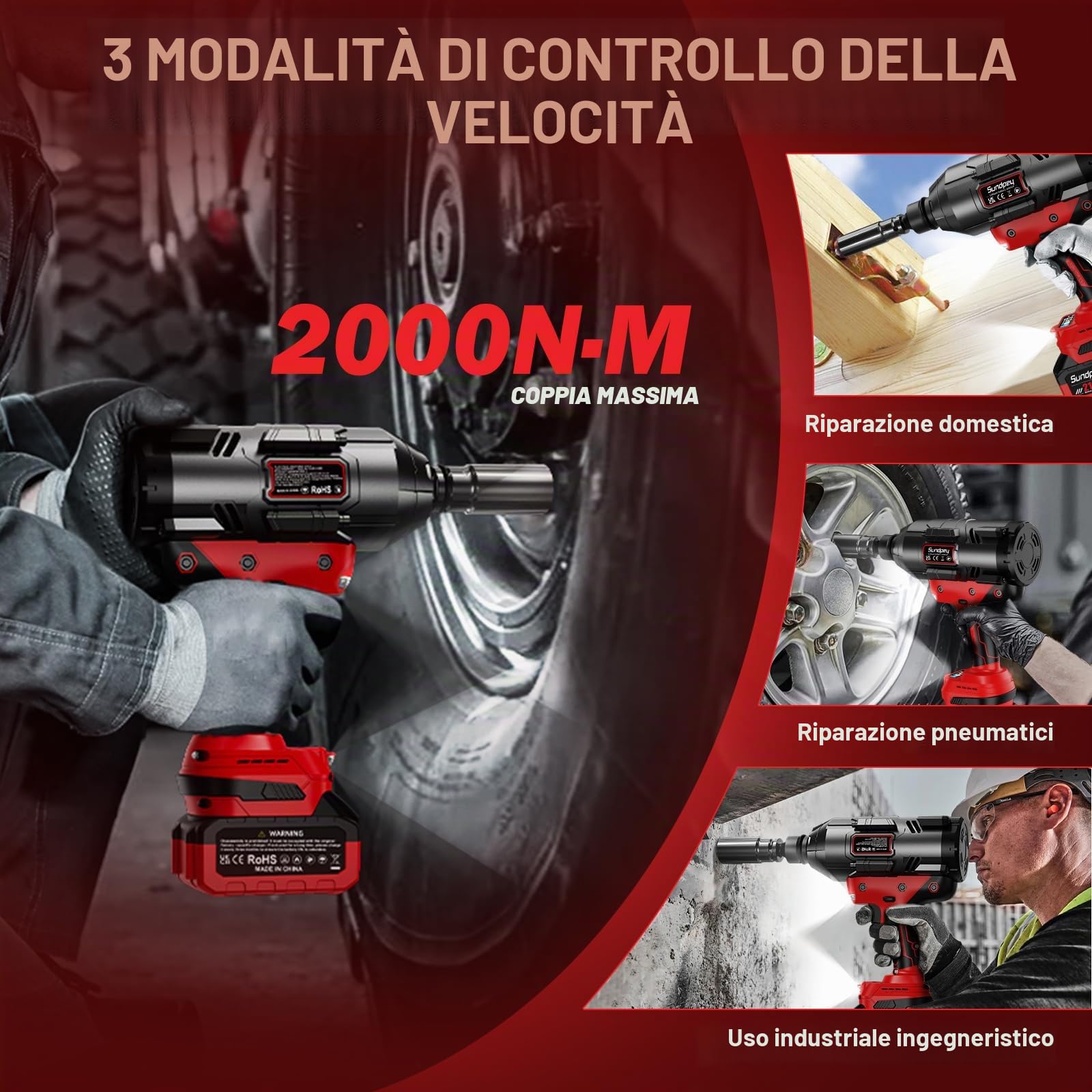 2000Nm Avvitatore a Impulsi a Batteria, 3/4'' Avvitatori a Massa Battente Brushless con 2 Batterie 4.0Ah & Adattatore per Bit da 3/4'' a 1/2'' & 5 Bussole, 21V Avvitatore ad Impulsi per Auto, Rosso