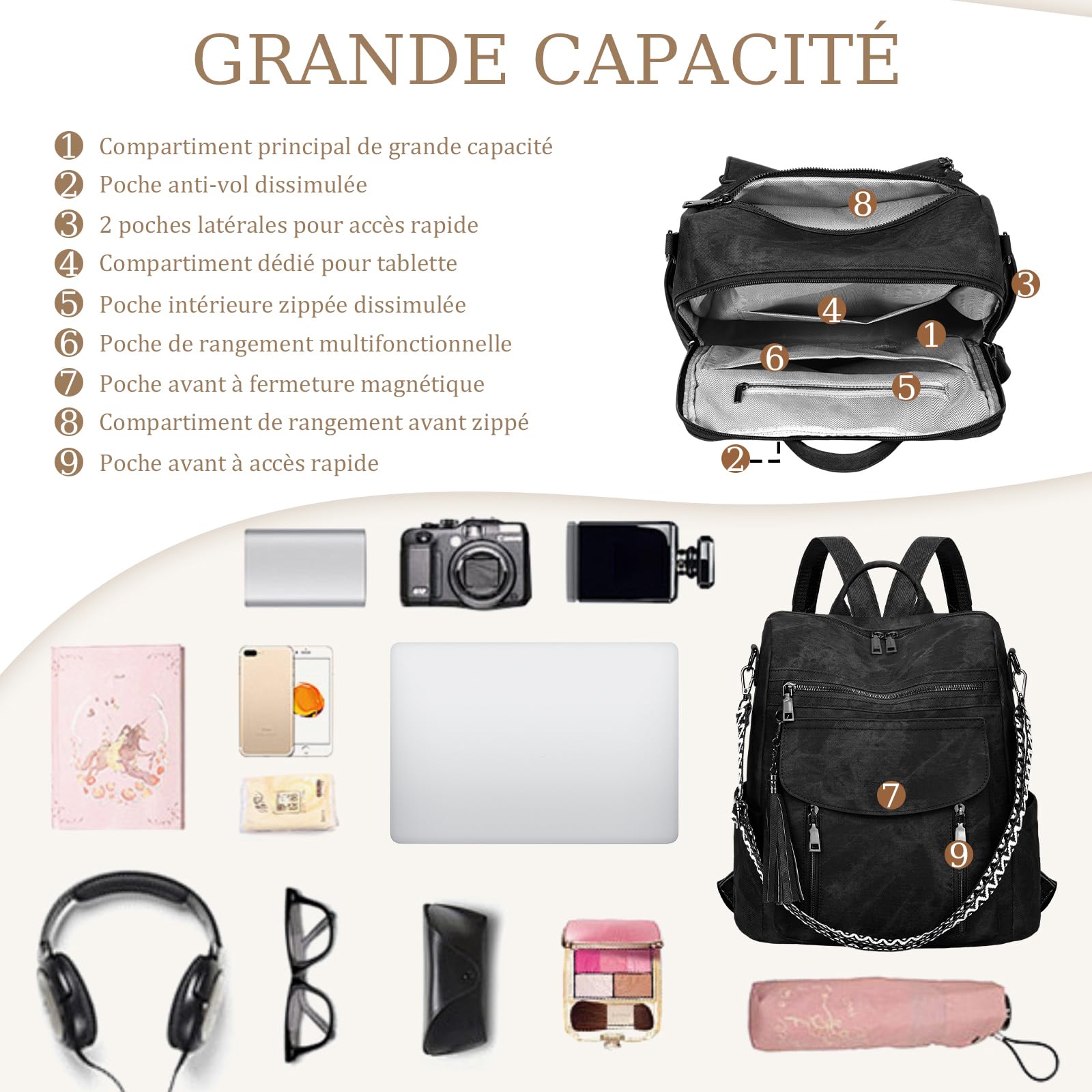 LEASOUL Sac à Dos Femme Luxe en Cuir Vegan, Sac à Dos Antivol Imperméable Chic et Léger, Sac pour Voyage Affaires Université Travail