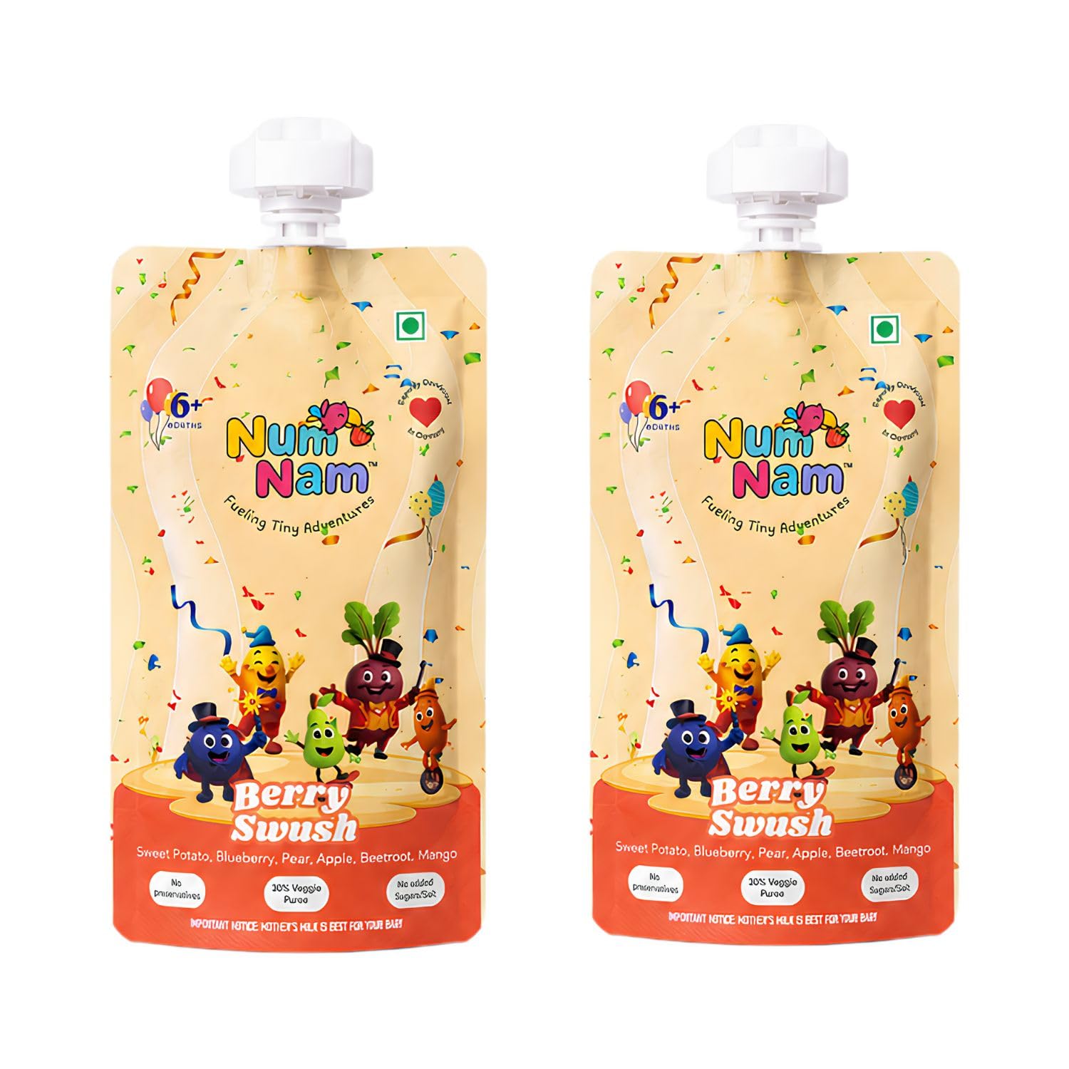 NumNam Berry Swush Baby Food Puree Pouch for 6+ Months(2 Pack x100g), Sweet Potato Apple Pear Mango BlueBerry Beetroot with 100% Fruit and Vegetable Puree, No Preservatives, No Added Sugar & Salt, Ready to Eat, Easy Squeeze Travel Snack-image-34