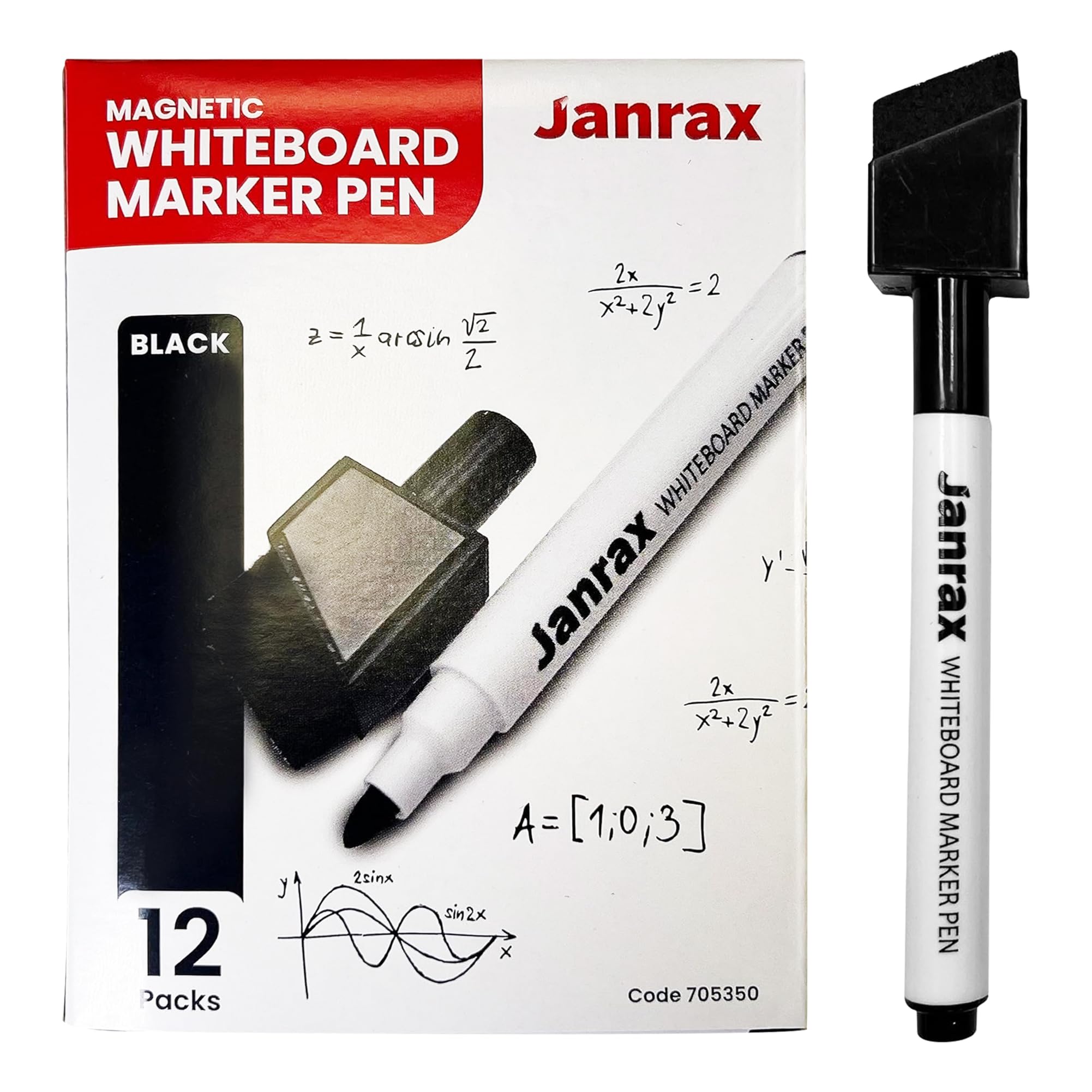 Janrax Pack of 12 Magnetic Whiteboard Black Marker Pens with Dry Wipe Eraser