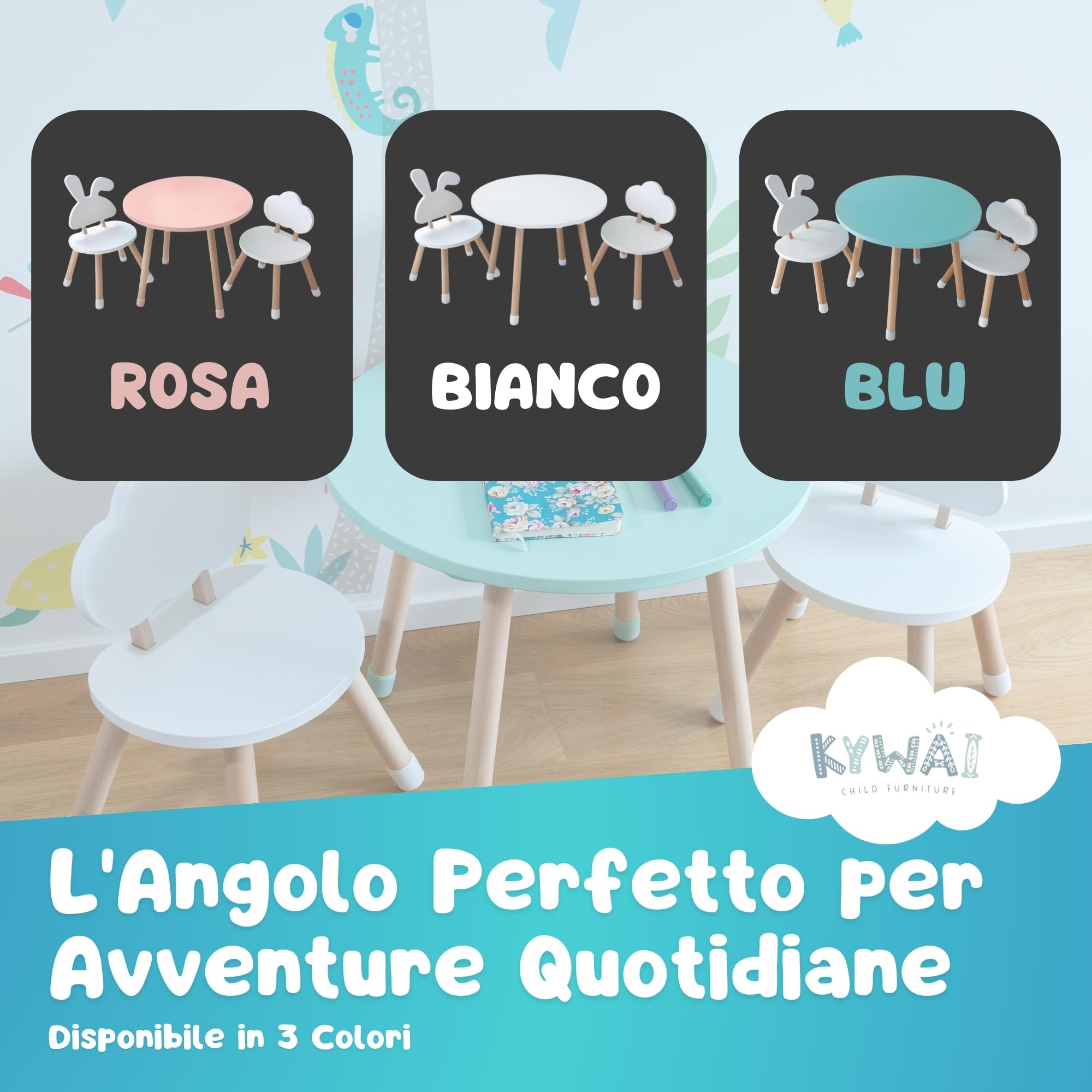 Tavolino Bambini con 2 Sedie in Legno di Pino - Tavolo e Sedie per Bambini