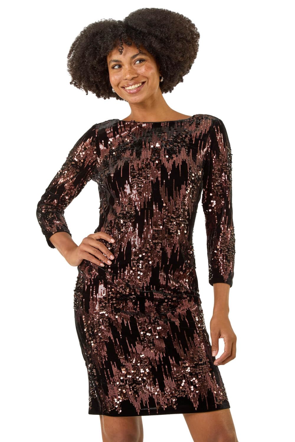 Roman Women's Chocolate Sequin Velvet Shift Stretch Dress Size 16