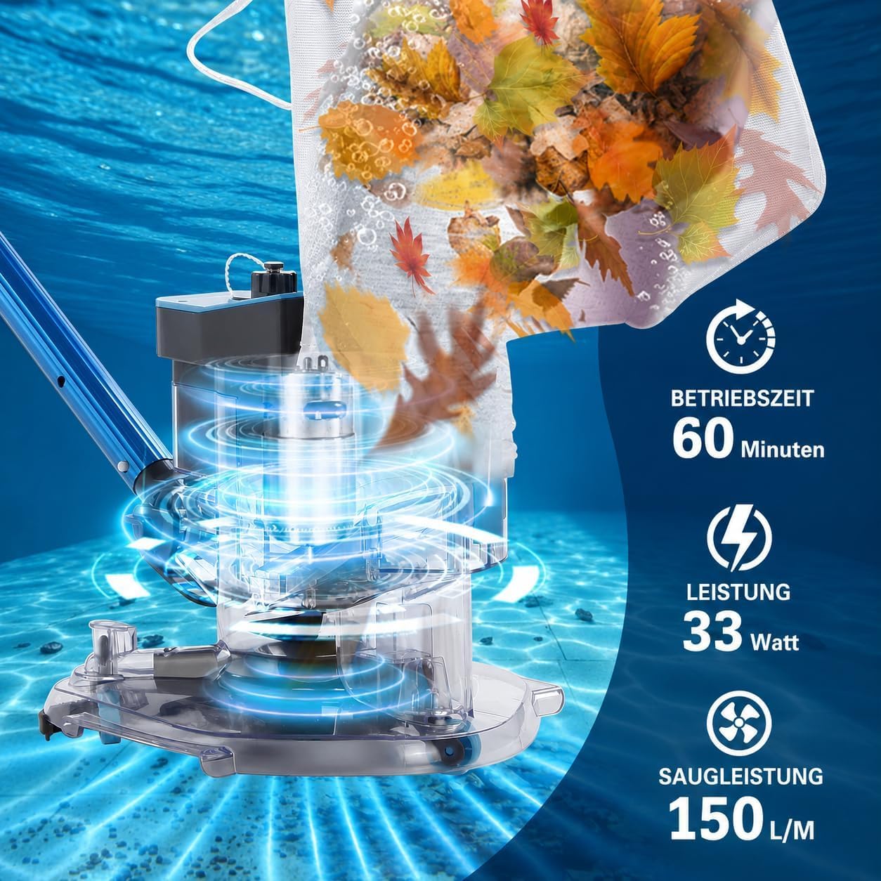 Poolstaubsauger Kabellos, 6800 L/h, Boden & Oberfläche | Wiederaufladbar mit zwei Filterbeuteln; reinigt tiefe, flache und Oberflächenbereiche in Aufstell- und Einbaupools.