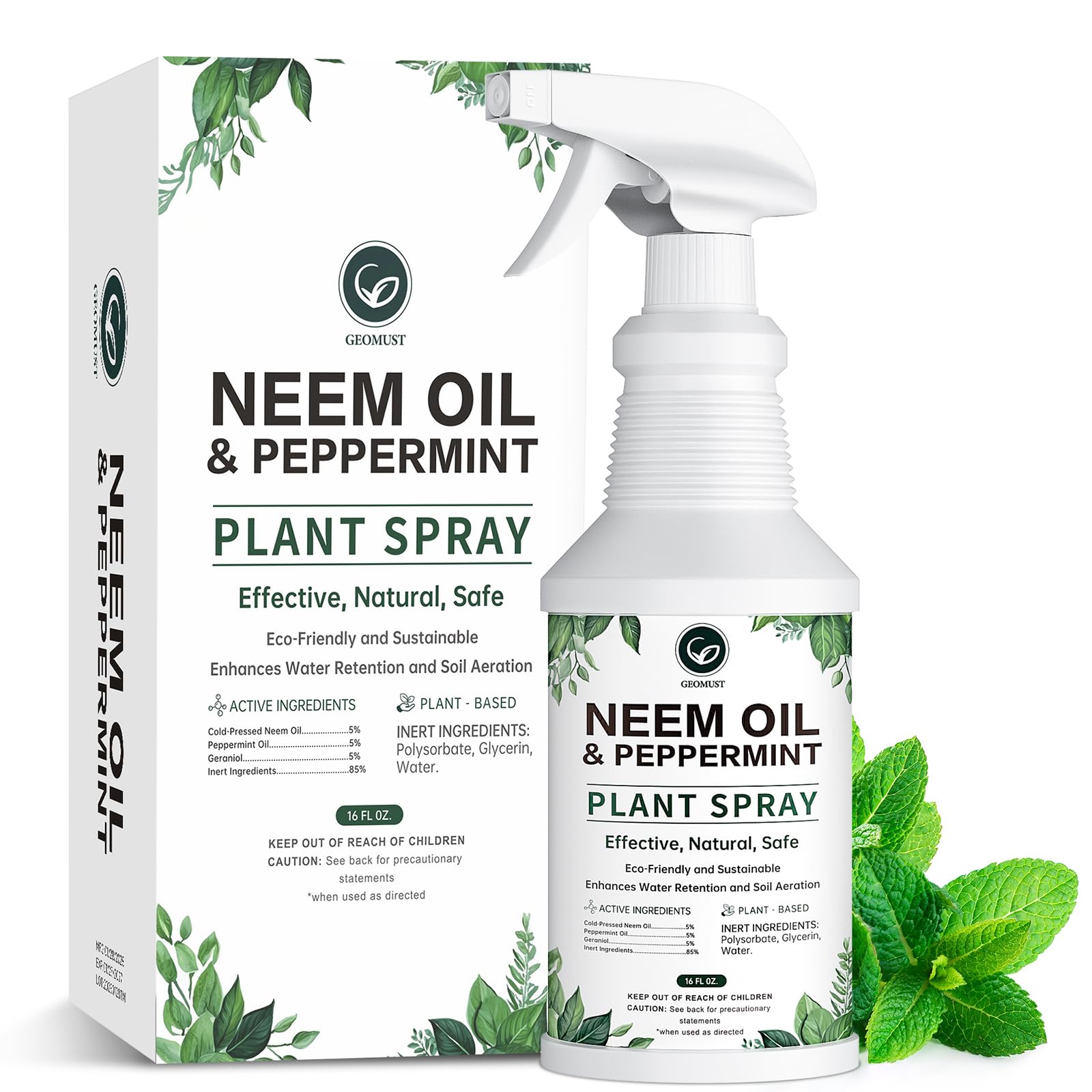 Geomust Neem Oil Plant Spray with Peppermint, 16oz Ready-to-Use, Natural Plant Protection, Multi-Purpose Botanical Spray f...
