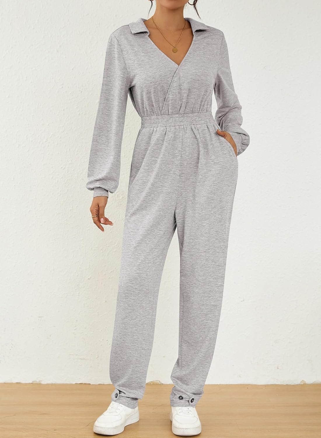 Pink Queen Jumpsuits for Women Collar V Neck Long Sleeve Rompers Casual Sport Outfits - Image 4