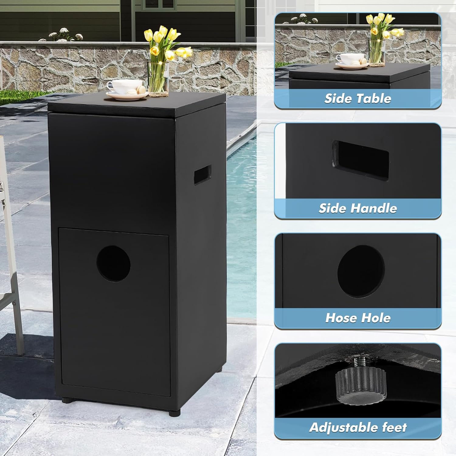 Propane Tank Cover Table with Ice Bucket,Outdoor Storage Box with Handles for Propane Fire Pit, 35.5 Inch 3-in-1 Modern Hideaway Concrete Side Table for Outside Patio or Deck- Black&Square