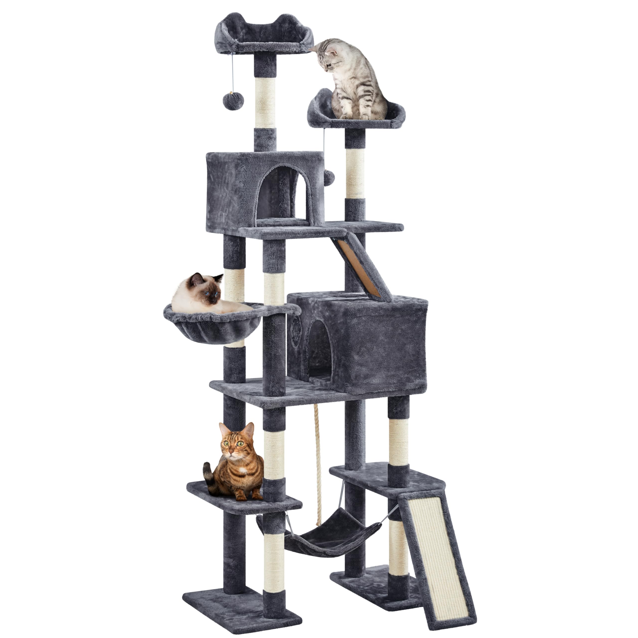 Yaheetech Rascador para Gatos 209 cm Torre Escalado Grande Gris Oscuro | Para Gatos grandes, Hamaca, Rampa sisal,Estabilidad, Fácil montaje, Duradero, Perca ancha, Cesta blanda, multifuncional