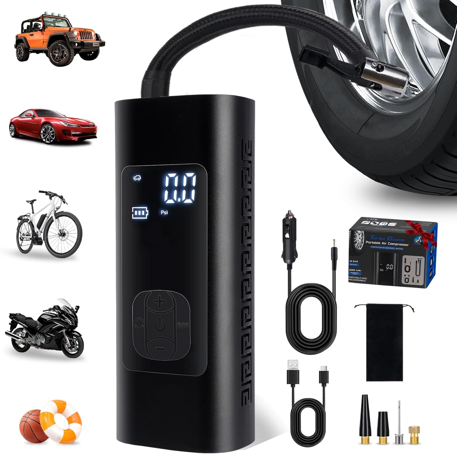 Tire Inflator Portable Air Compressor, Portable Tire Inflator with Digital Pressure Gauge, LED Light, Auto Shut-Off & Adjustable PSI, 180PSI Cordless Air Pump for Car, Motor, Bike & Balls