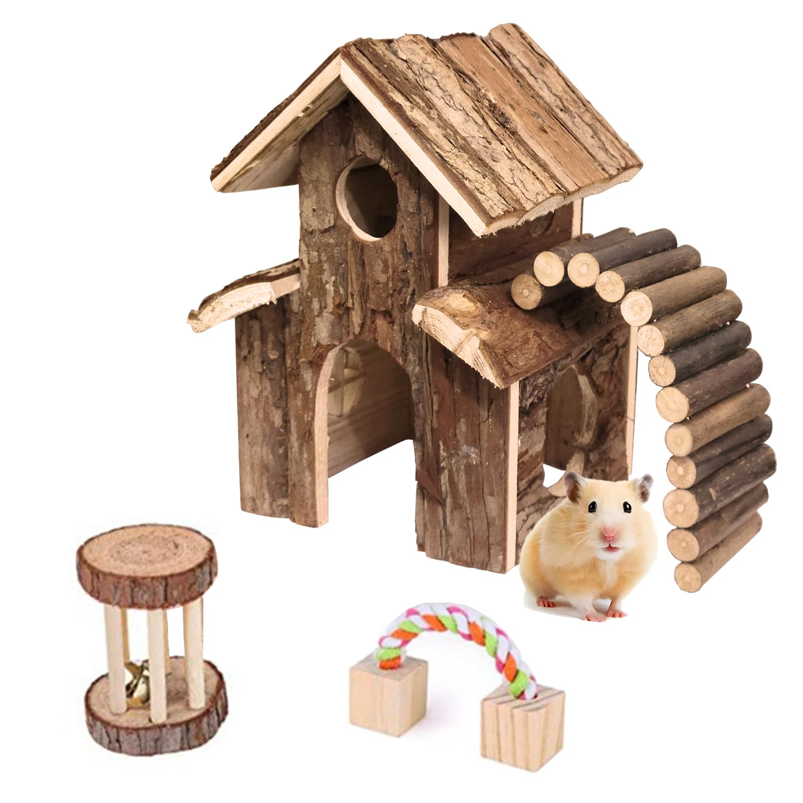 Young Wolf Small Animal Amusement Wooden Villa House Hideouts Playground with Ladder and Roller