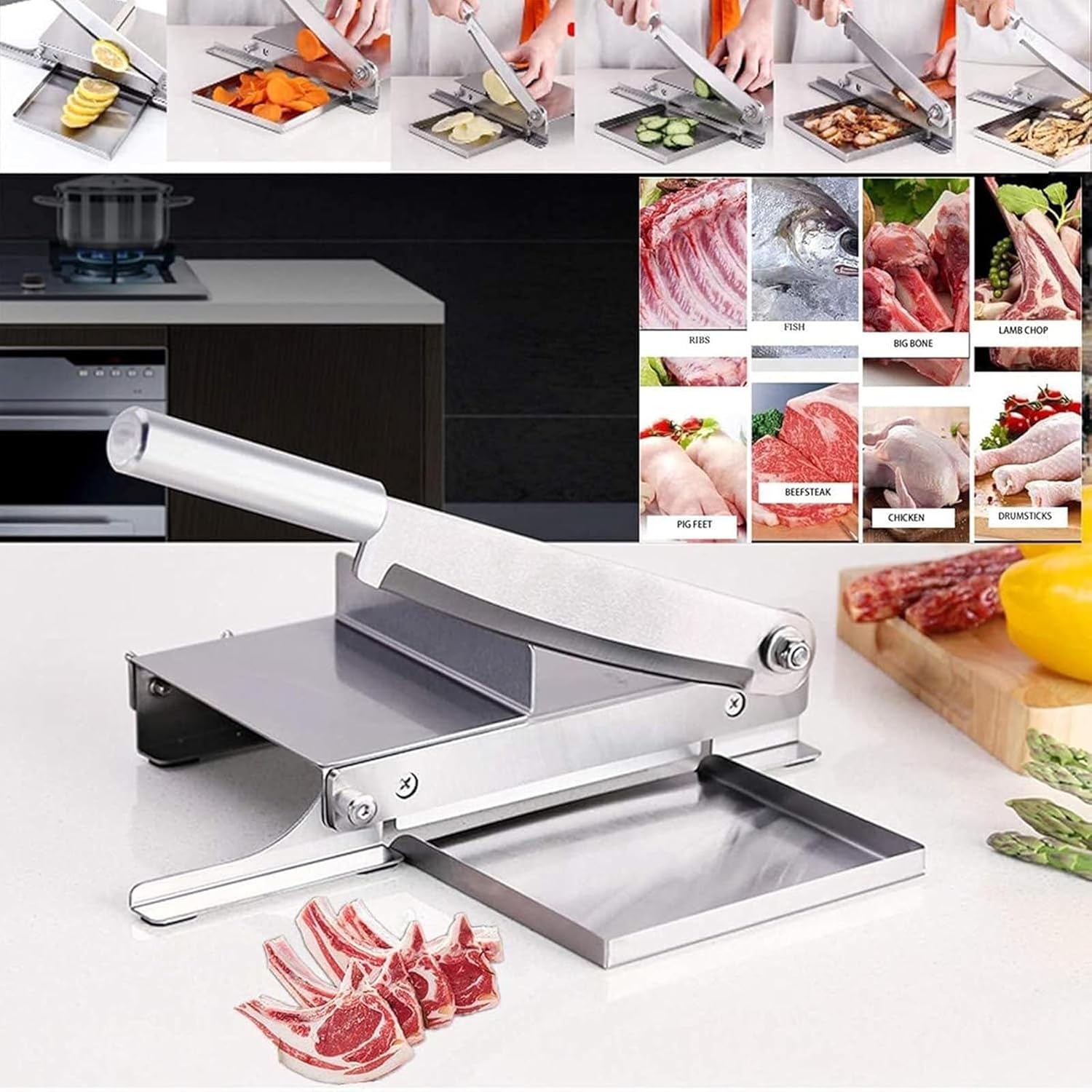 Meat Slicing Machine，Manual Meat Cleavers Stainless Steel Meat Slicing Machine，Aluminum Alloy Handle 35cm,with Removable Tray，Uniform Slice Thickness