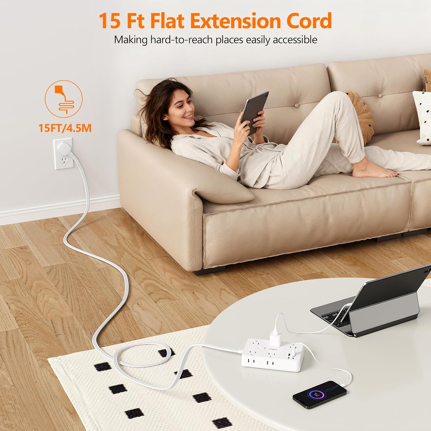 Surge Protector Power Strip 10 FT Flat Extension Cord ，10 AC Outlets & 4 USB Ports(5V/3.4A 17W), 1080J ，Wall Mountable Desktop Charging Station with Flat Plug for Office Supplies and Home, White