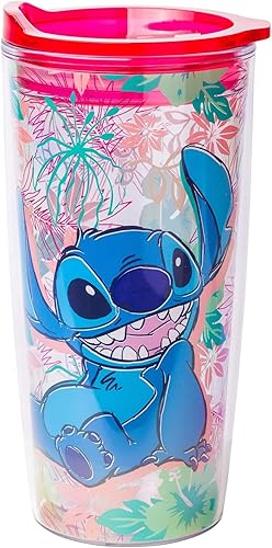 Miniatura 15 de Silver Buffalo Lilo and Stitch - Vaso de viaje de doble pared azul tropical floral con tapa de cierre deslizante, 20 onzas Lilo and Stitch Floral