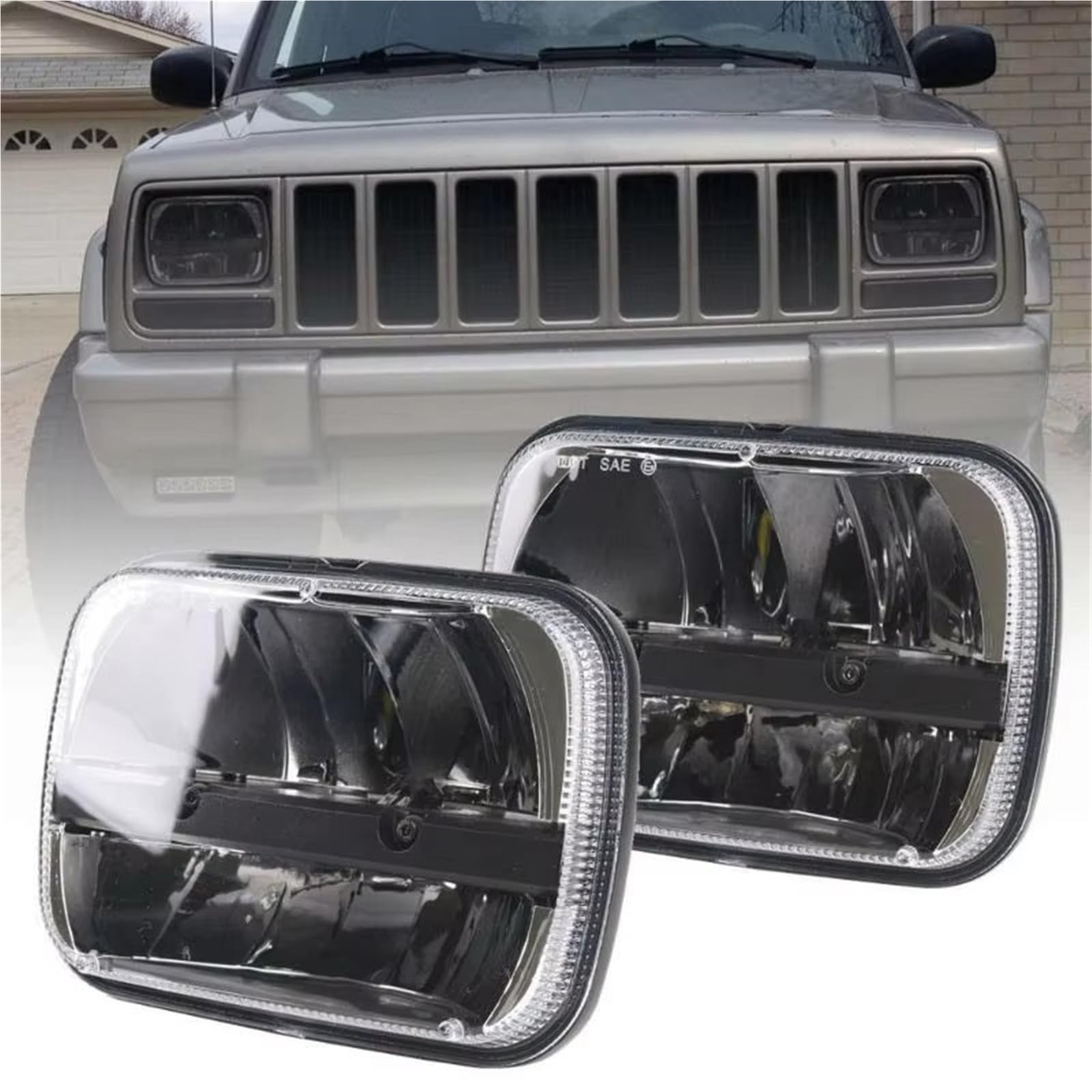 Faro Anteriore Gruppo Faro LED Quadrato Alto/basso Rettangolare Per Jeep Per Cherokee XJ Per Wrangler 4X4 Set Di Fari(2 piece Black)