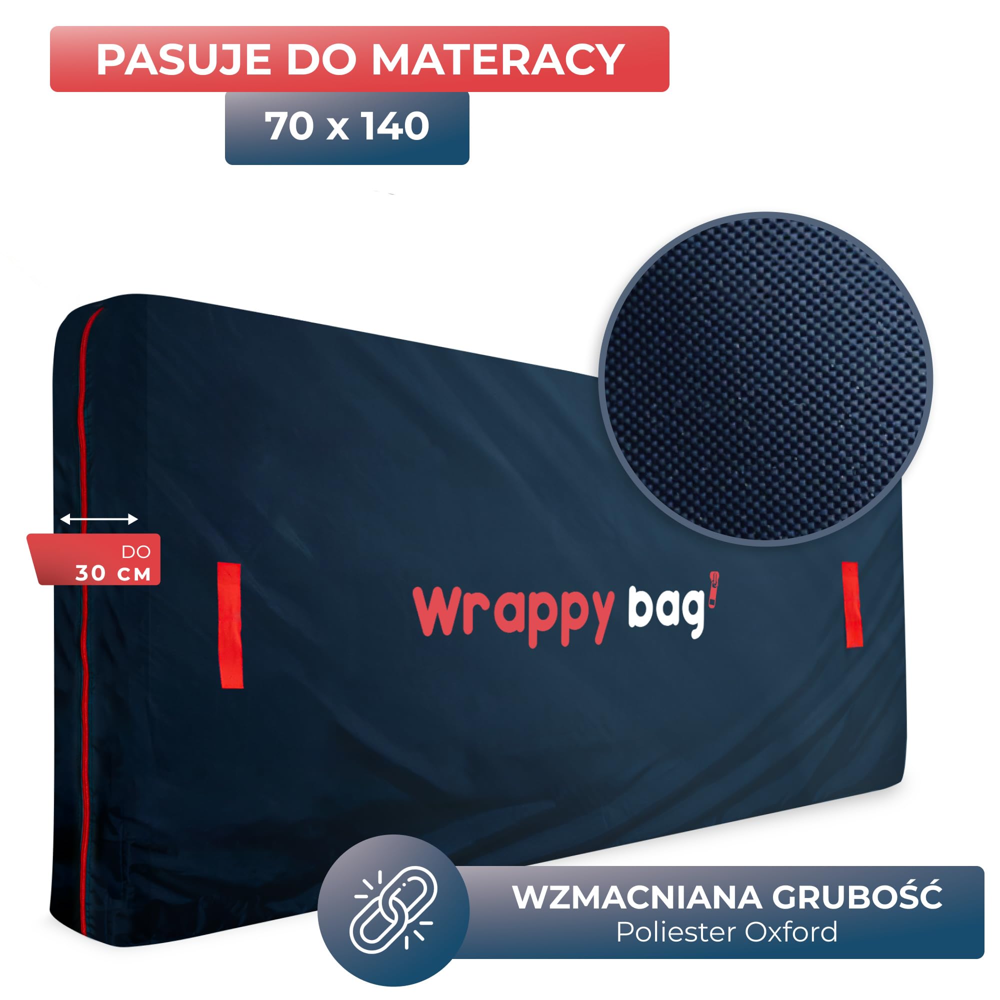 WRAPPYBAG – Pokrowiec Ochronny z Poliestru Oxford na Materac – Torba do Przechowywania z 4 Uchwytami Transportowymi – do Przeprowadzki, Magazynowania i Transportu - 70 x 140 cm