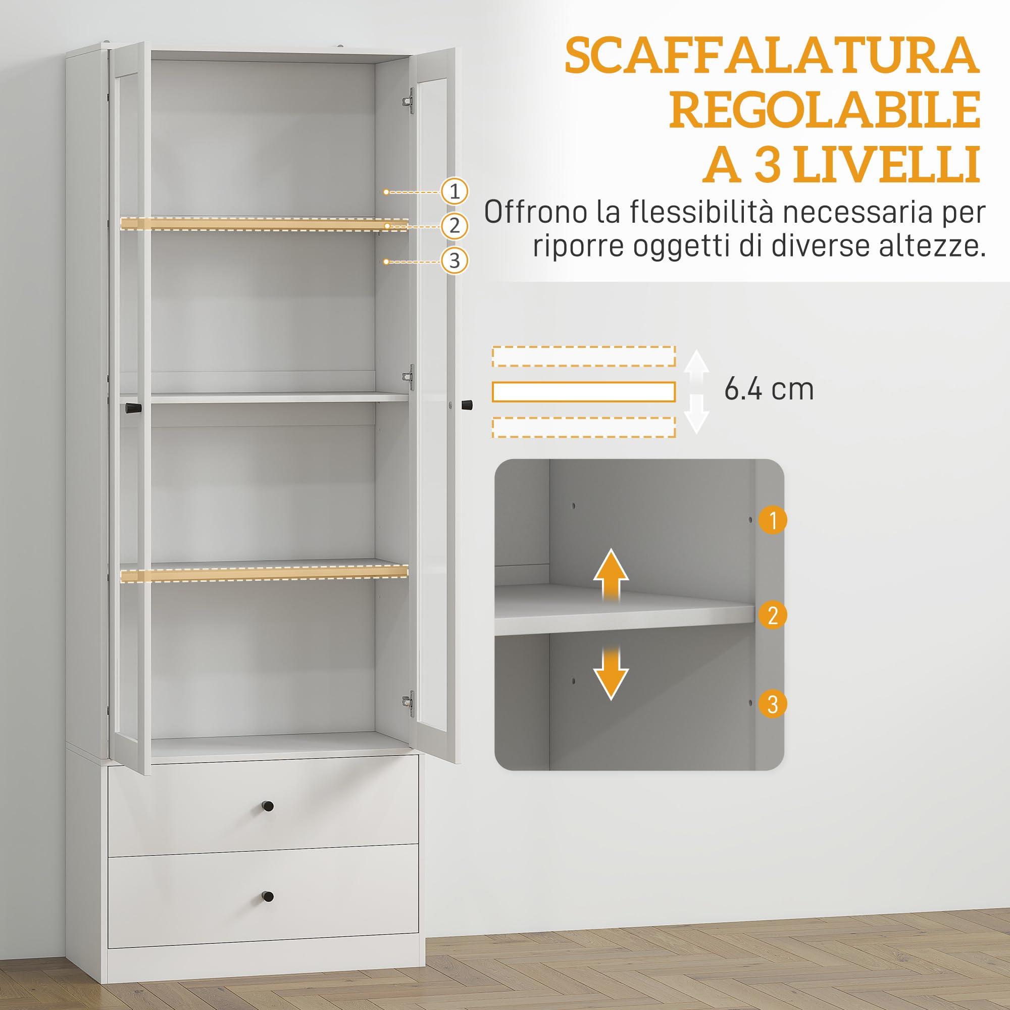 HOMCOM Credenza Cucina Multiuso Mobile con 2 Cassetti 59x30x164cm Bianco | Armadietto, per Soggiorno e Salotto, Ante in Vetro, Cerniere Ammortizzate, Ripiani Regolabili