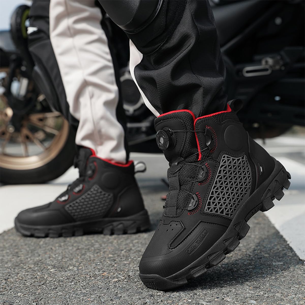 SDEQA Chaussure Moto Homme Femme, Bottes Moto Boucle Rotative Imperméables avec Cuir renforcé,Bracelets de Cheville
