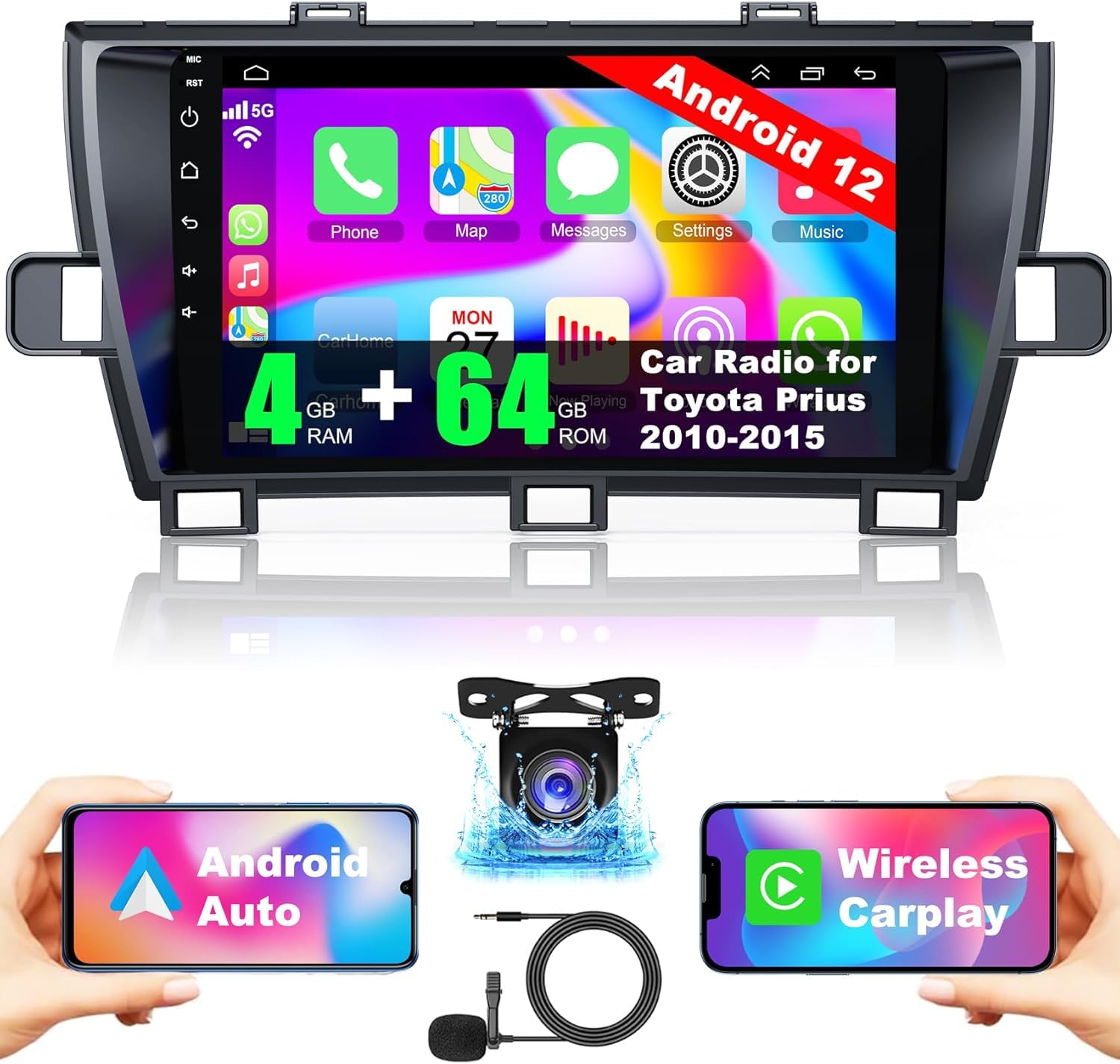 [4+64G] Android 12 Car Stereo for Toyota Prius 2010-2015 Support Wireless Carplay&Android Auto, 9 inch IPS Touchscreen Prius Radio with GPS, WiFi, FM