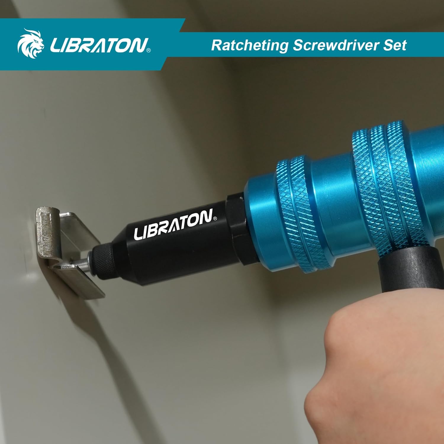 Close-up of the Libraton Rivet Gun Adapter in use, setting a rivet into a metal surface.