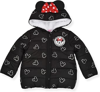 Disney Little Girls Minnie Mouse Printed Hooded Puffer Jacket with Ears and Bow US Size 2T, Color Black