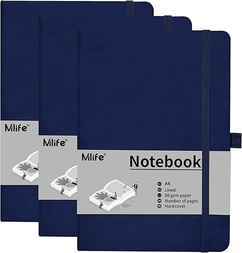 Mlife Paquete de 3 cuadernos pequeños A6, cuaderno de bolsillo forrado con soporte para bolígrafo, mini cuaderno de tapa dura, 192 páginas, azul