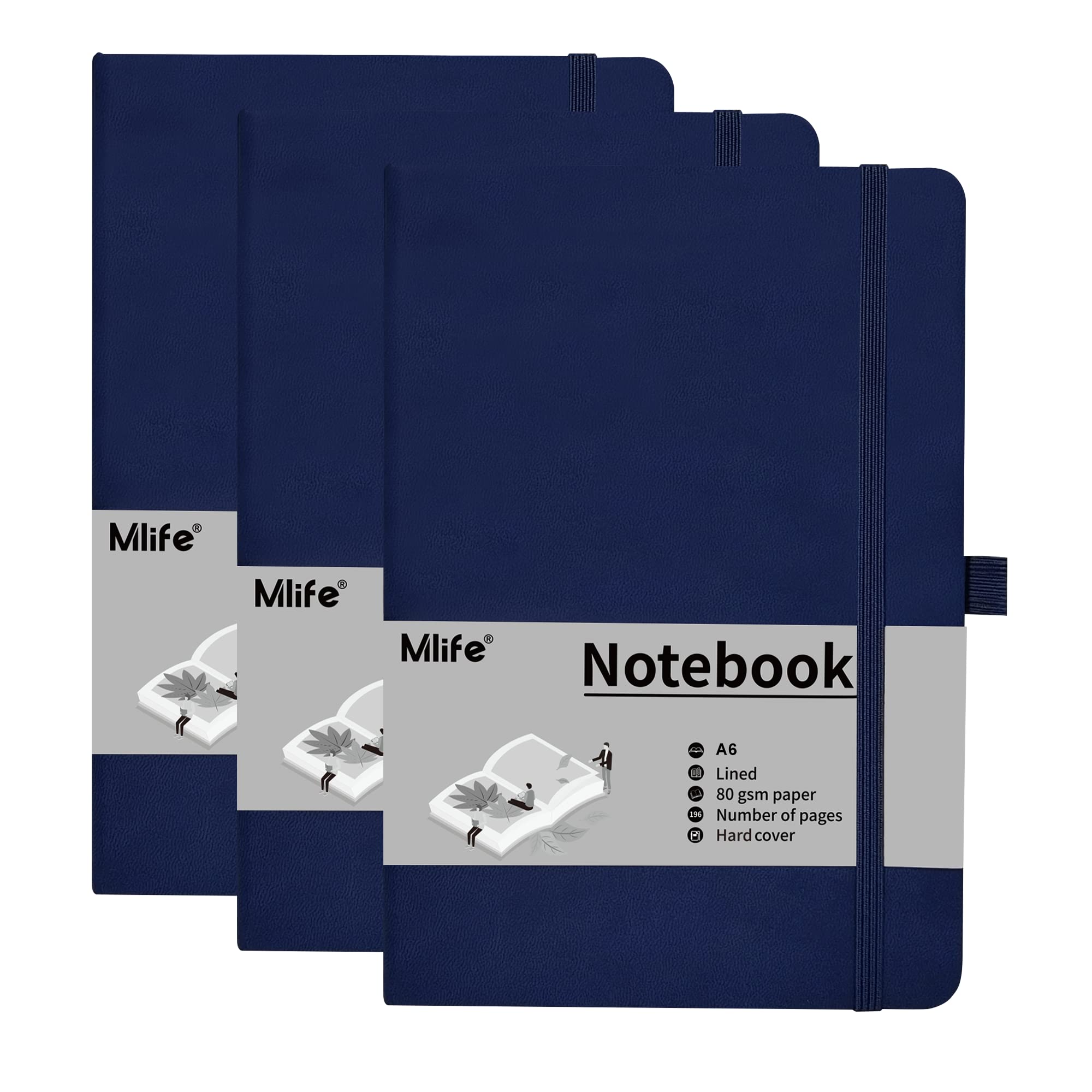 Mlife 3 Pack A6 Small Journal Notebook, Lined Pocket Notebook with Pen Holder, Mini Notebook Hardcover, 192 Pages Blue