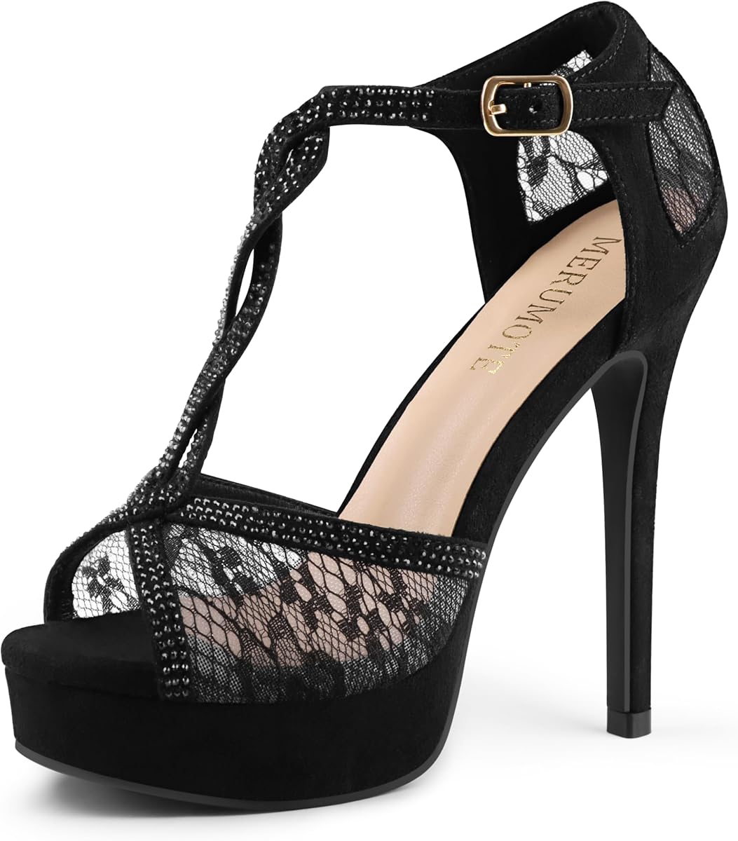 Peep Toe Platform Stilettos Rhinestone Heels Lace Heels for Women