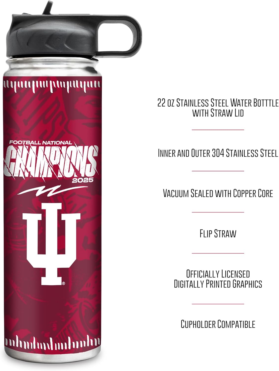 Rico Industries NCAA Indiana Hoosiers 2026 Football National Champions 22oz Stainless Steel Tumbler with Lid - Great For Coffee, Tea, Water or Cocktails